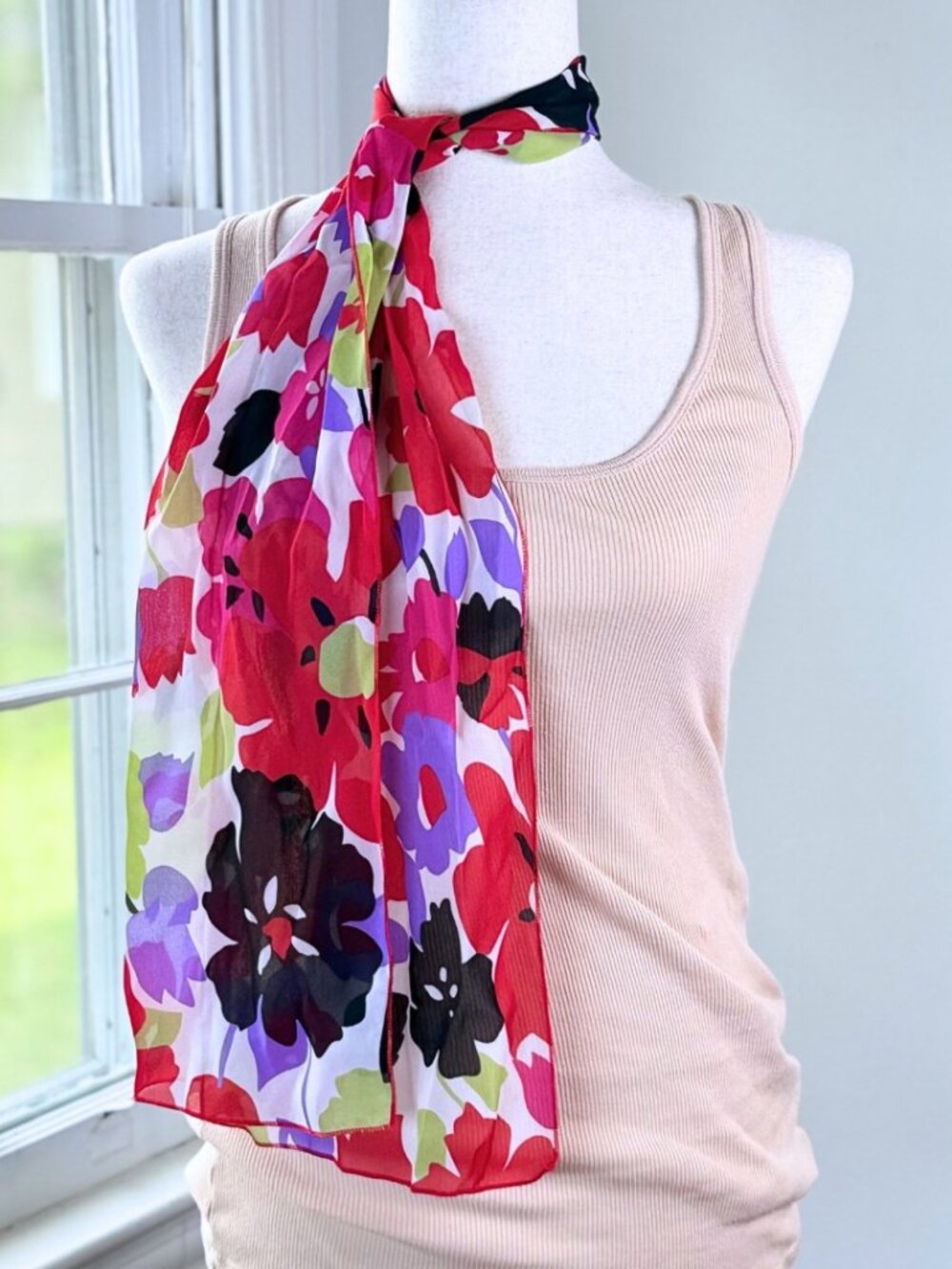 Vintage Sheer Bold Floral Neck Scarf Poppy Print Artsy Mod Dopamine Maximalist